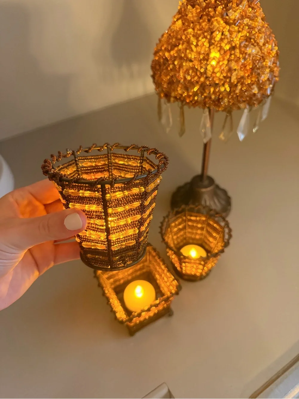 Vintage Handmade Amber Beaded Candle Holder with Crystal Drops